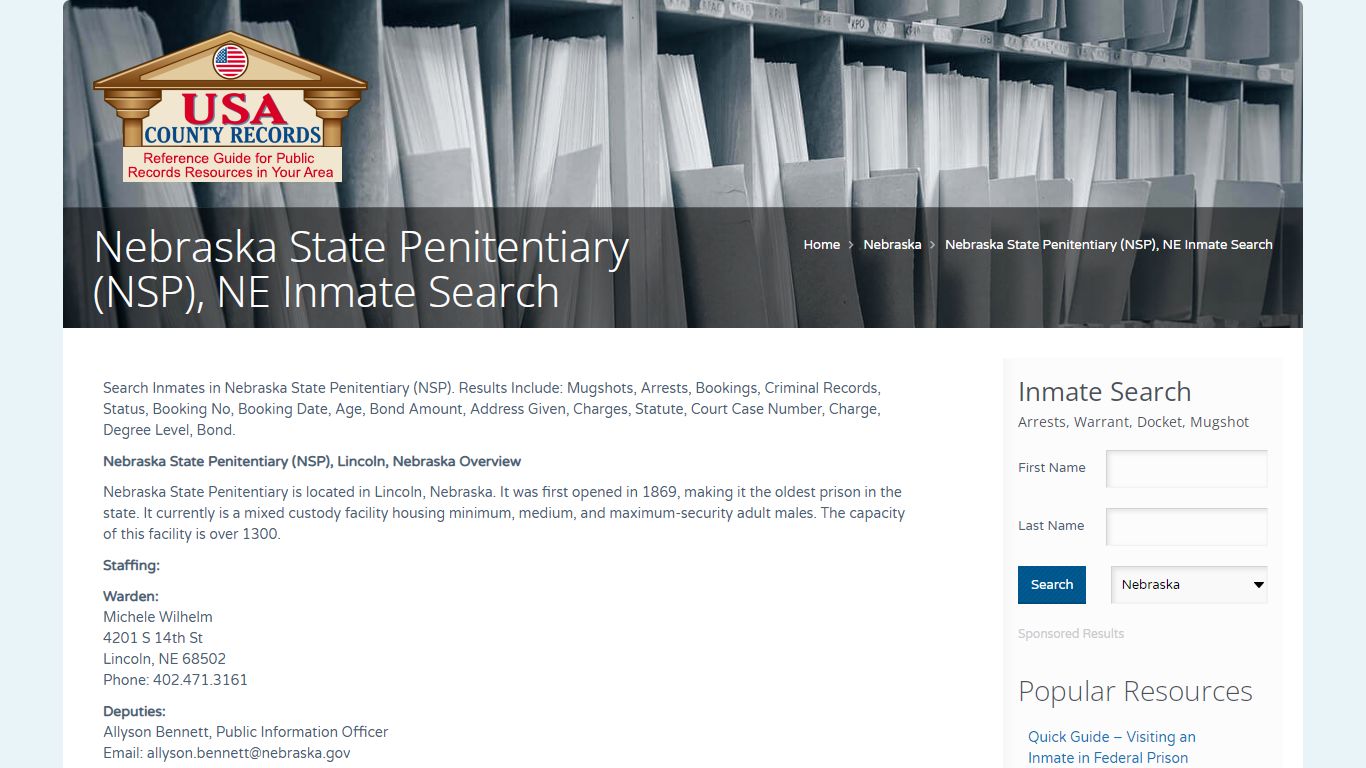 Nebraska State Penitentiary (NSP), NE Inmate Search | Name ...